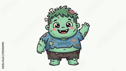 Cute Smiling Zombie Boy Character Waving Halloween Brains