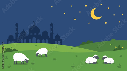 Eid Adha Sheep Grazing on Green Hill Side.