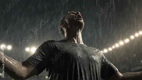 Man celebrating football win under dramatic stadium lights in rain