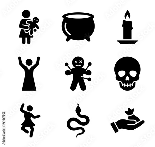 Black glyph icons of voodoo doll, magic cauldron, skull, snake, and occult witchcraft vector symbols isolated on white background.