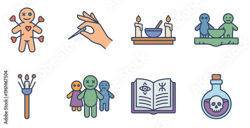 Colorful witchcraft and voodoo doll vector icon set including occult spell book, skull potion bottle, ritual altar, and magic needles illustration.