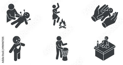 Voodoo doll ritual and dark magic vector silhouette icons featuring stick figures drumming, dancing by fire, and casting curses with pins and needles.