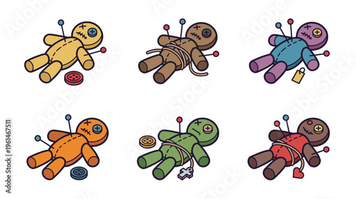 Set of colorful creepy voodoo doll vector illustrations with colorful needles, buttons, and stitch details for halloween, dark magic, or occult witchcraft designs.
