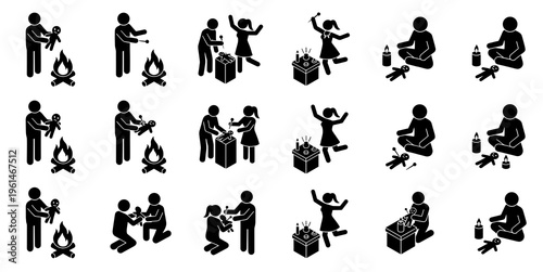 Comprehensive collection of silhouette icons showing stick figures doing black magic rituals, occult curses, witchcraft and worshipping a voodoo doll vector set graphic.
