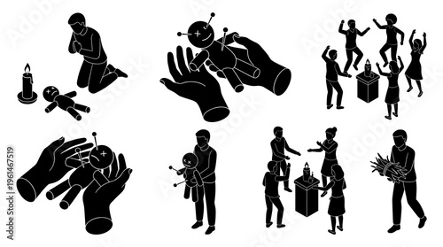 Human silhouette figures practicing witchcraft, occult rituals, dancing, and casting curses with a voodoo doll and pins isolated vector illustration.