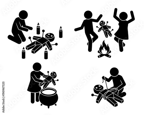 Black silhouette stick figure people performing dark magic rituals with a voodoo doll, cauldron, fire, and needles illustration vector graphic.