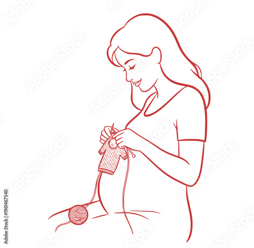 Pregnant woman knitting a baby sweater while enjoying quiet time  