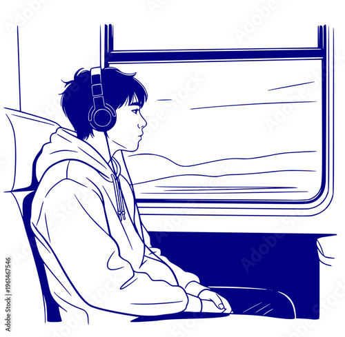 Young man listening to music while sitting by window on train  