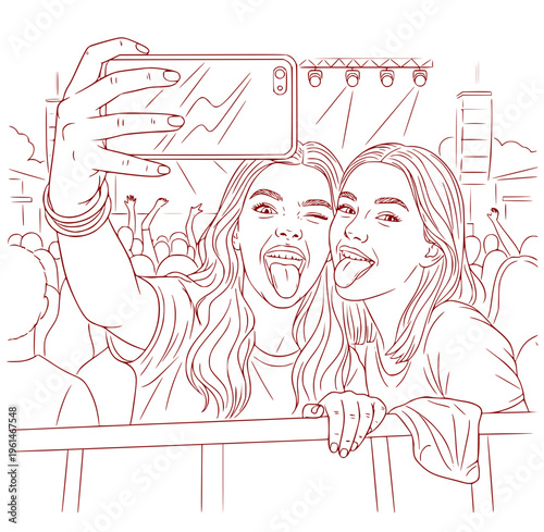 Two young women taking selfie at music festival with excitement  