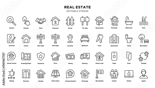 Real estate icon set with editable stroke