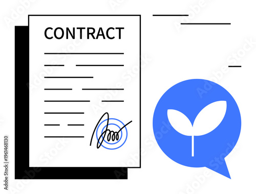 Legal agreements, sustainability, eco-business, environmental responsibility, document management, communication. Contract document with signature and speech bubble with leaf. Legal agreements