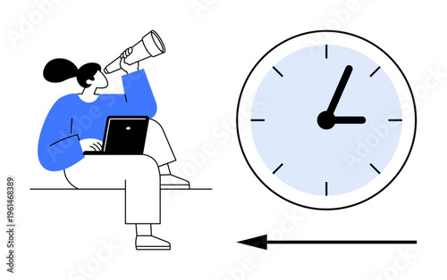 Time management concept. Time tracking and planning with a woman holding a telescope, a laptop, and a clock effective prioritization skills. Relevant for productivity, workflow, scheduling