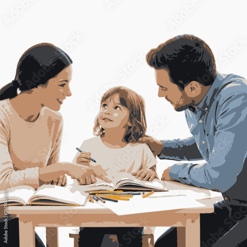 Family doing homework together at table.