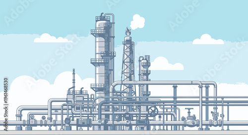 Industrial factory with pipes and towers.