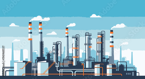 Industrial factory with smokestacks and pipes.