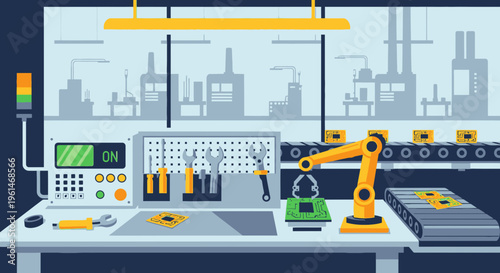 Industrial robotic arm in factory setting.