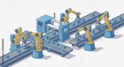 Industrial robotic arms on assembly line.