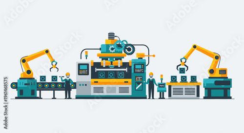 Industrial robots in a factory setting.