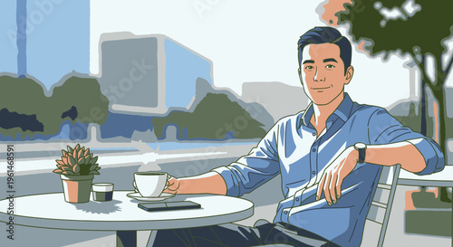 Man sitting at outdoor cafe table.