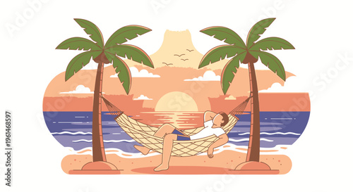 Man relaxing in a hammock between palm trees.
