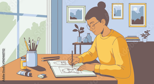 Woman drawing on paper with pencils.