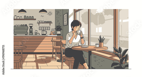 Woman sitting alone at coffee shop.