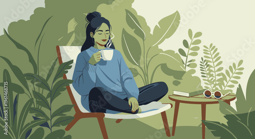 Woman sitting on chair relaxing outdoors.