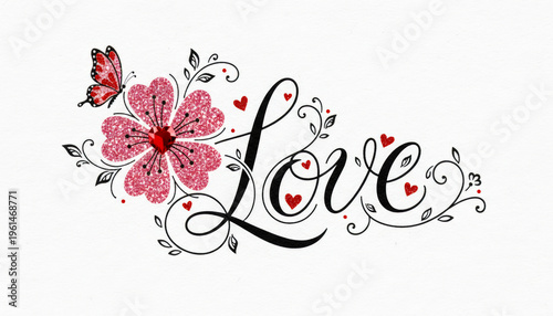 Decorative love calligraphy with pink floral and butterfly illustration on white