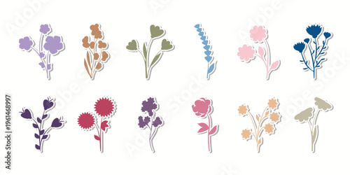 Twelve different flower stickers, each with its own color and unique plant shape, are displayed. They have a white outline and a subtle shadow, making them look like actual stickers.