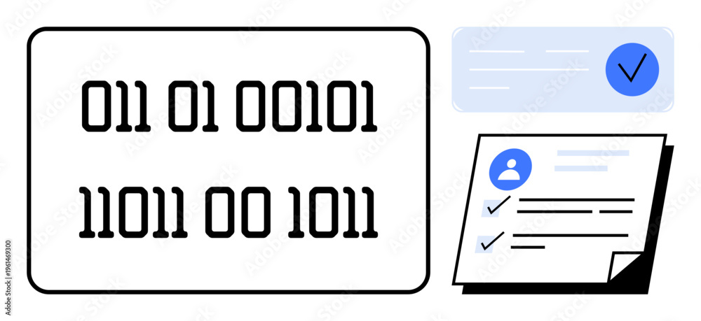 Fototapeta premium Binary code inside a frame, profile form with checkmarks, and a verification checkmark. Ideal for identity verification, data processing, technology, security, coding, information systems simple