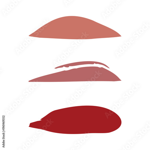 Three distinct lipstick swatches are displayed vertically on a clean white background. The set includes a light nude, a soft pink, and a vibrant red shade, perfect for beauty product presentation.