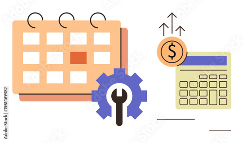 Financial management, budget planning, business strategy, time management, productivity tools, income growth. Calendar, gear calculator and dollar icon. Financial management and budget planning