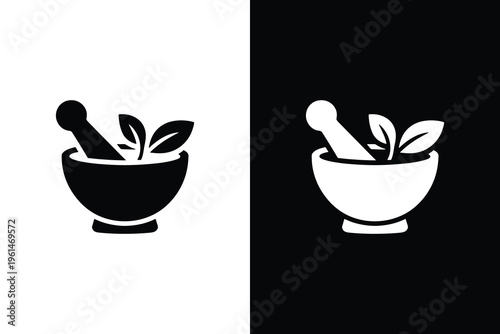 Black mortar and pestle icons with leaves