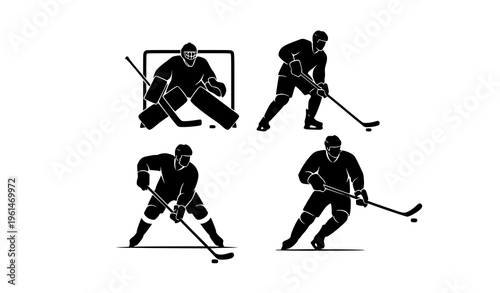 Hockey player silhouettes collection goalie and skater action vector set