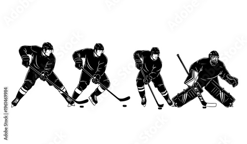 Ice hockey players silhouette set goalie and skaters action sports vector illustration