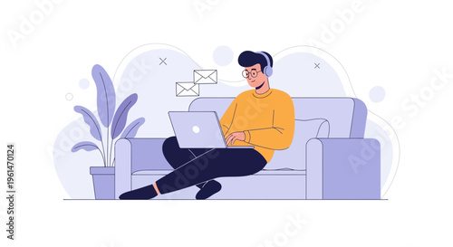 Man working on laptop with headphones, receiving emails, sitting on sofa at home