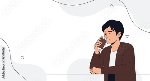 Man drinking coffee, minimalist illustration, enjoying a break, modern abstract background