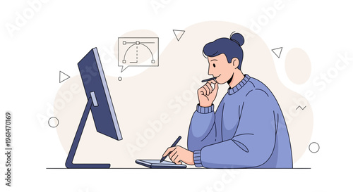 Graphic designer working on computer with drawing tablet, creative process illustration