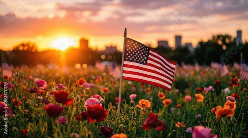 American flag waving in a vibrant flower field at sunset