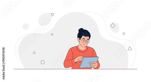 Young man with bun hairstyle using a tablet, modern flat illustration style