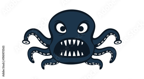 Cartoon angry octopus with sharp teeth.