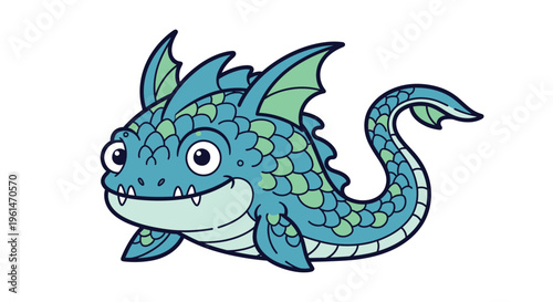 Cartoon blue dragon fish creature smiling.