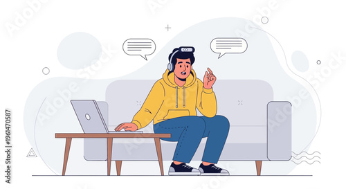 Young man with headphones on couch, working on laptop, communicating online