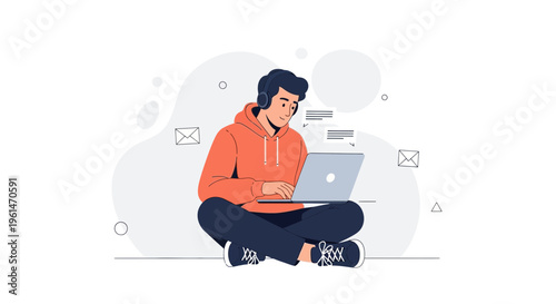 Young man with headphones on laptop, working or studying online, modern flat illustration
