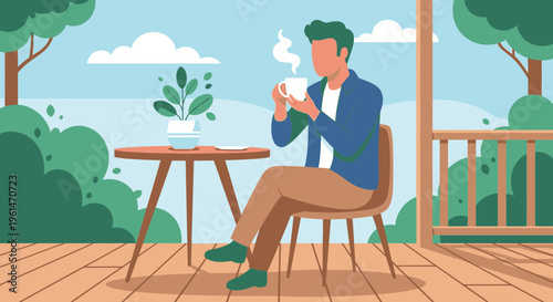 Man sitting on chair drinking coffee.