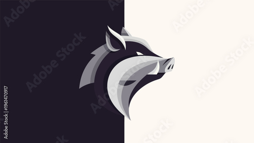Stylized boar head graphic on two tone background