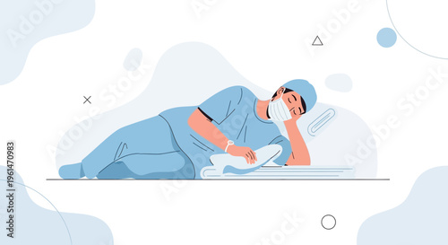 Tired Healthcare Worker Sleeping on Duty, Exhausted Doctor Resting in Scrubs