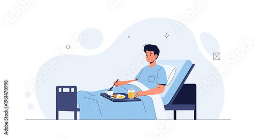 Patient eating breakfast in hospital bed, healthcare concept illustration