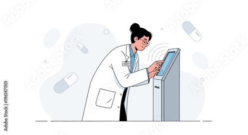 Doctor using digital kiosk for medical information, futuristic healthcare concept