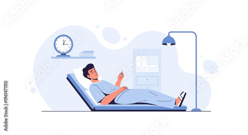 Man in Hospital Bed Using Smartphone, Recovery and Healthcare Concept